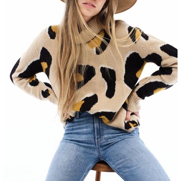 Anthropologie Moth Georgia Leopard Print Turtleneck Sweater Tan Black, Size XS - Picture 8 of 12